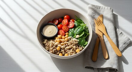 A colorful vegan lunch bowl with quinoa, chickpeas, spinach, cherry tomatoes, and tahini sauce, placed neatly in the center of a white wooden table.
