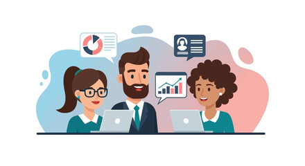 Diverse business team collaborating on laptops, analyzing data and charts. Ideal for presentations, websites, and marketing materials.