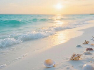 Seashells on White Sandy Beach with Soft Waves and Golden Sunset Light