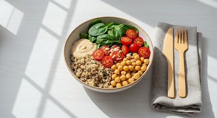 A colorful vegan lunch bowl with quinoa, chickpeas, spinach, cherry tomatoes, and tahini sauce, placed neatly in the center of a white wooden table.