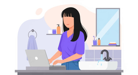 Woman working on laptop in bathroom, perfect for blog post about work-life balance or remote work.