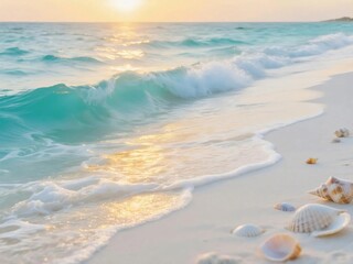 Seashells on White Sandy Beach with Soft Waves and Golden Sunset Light