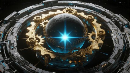 Obraz premium Futuristic Spherical Device Encased in Mechanical Ring with Gears and Blue Light