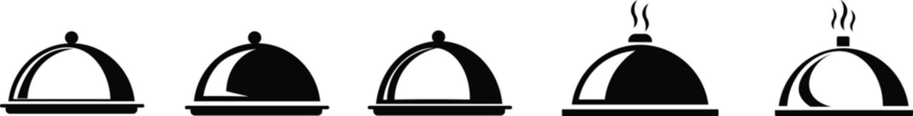 Hot food, cloche, plate, restaurant, serving, meal, steam, background, white, menu.Hot steaming meal on cloche icon symbolizing restaurant service.hot dish plate icon sign vector.Food cloche, steaming
