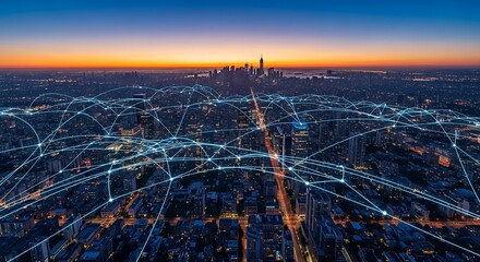 Photo of city skyline at dusk connected by a digital network
