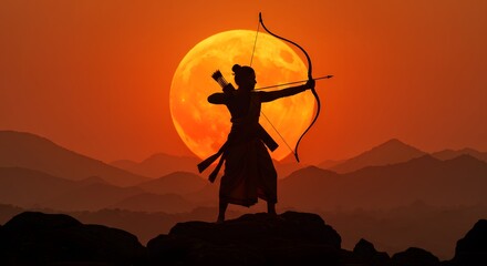 Silhouette of an archer drawing a bow against a vibrant sunset sky, symbolizing strength, focus, and determination in a mythical or historical context