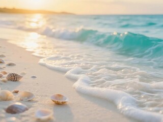 Seashells on White Sandy Beach with Soft Waves and Golden Sunset Light