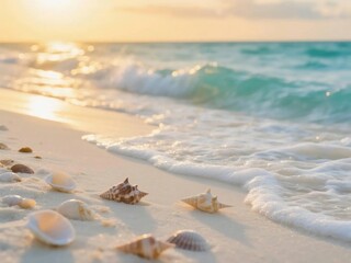 Seashells on White Sandy Beach with Soft Waves and Golden Sunset Light