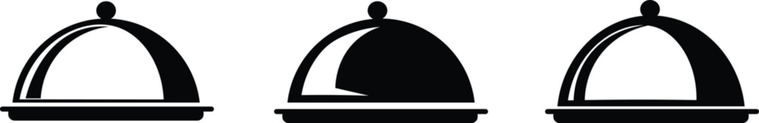 Hot food, cloche, plate, restaurant, serving, meal, steam, background, white, menu.Hot steaming meal on cloche icon symbolizing restaurant service.hot dish plate icon sign vector.Food cloche, steaming