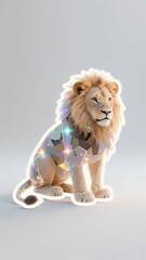 A majestic lion with a geometric, crystal-like pattern on its body, set against a soft gray background.
