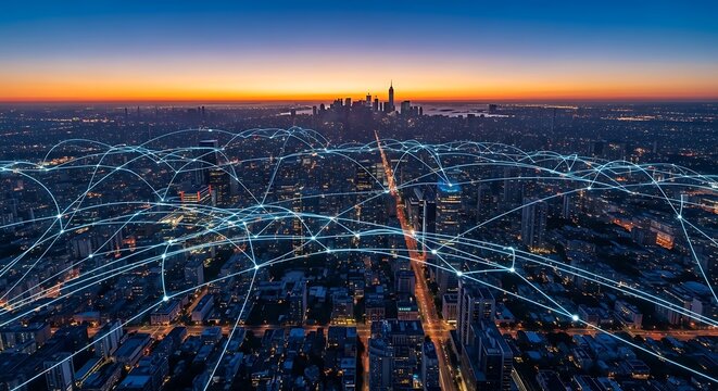 Photo of city skyline at dusk connected by a digital network