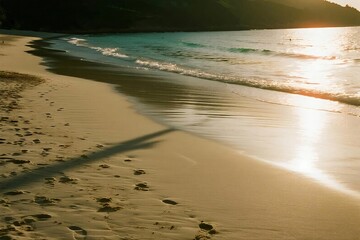 Wide Sandy Beach with Gentle Waves and Dunes under Clear Blue Sky