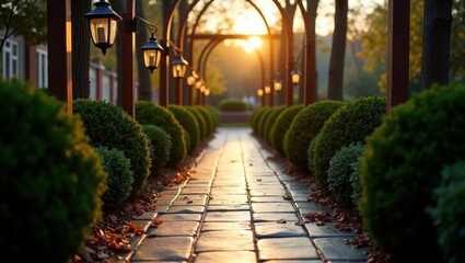 Fototapeta premium Peaceful Garden Pathway at Sunset with Lantern Decoration Surrounded by Trees and Plants 