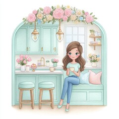 Young Woman Enjoying a Drink in a Pastel Green Kitchen Nook