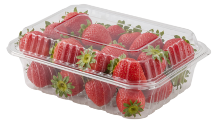 High-Resolution PNG of Fresh Strawberries in a Clear Plastic Clamshell Container - Three-Quarter View