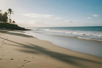 Wide Sandy Beach with Gentle Waves and Dunes under Clear Blue Sky
