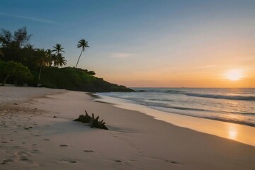Tropical Beach Sunset with Palm Trees and Gentle Ocean Waves