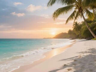 Tropical Beach Sunset with Palm Trees and Gentle Ocean Waves