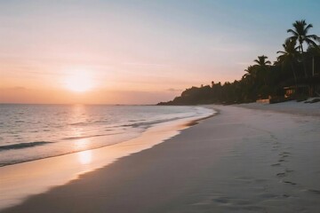 Tropical Beach Sunset with Palm Trees and Gentle Ocean Waves
