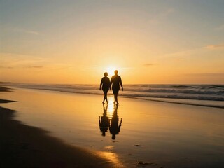 Romantic Couple Holding Hands Walking on the Beach at Sunset
