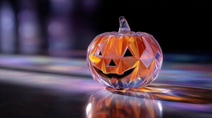 An illuminated glass jack-o'-lantern sits on a reflective surface for Halloween decoration. Holiday celebration concept.
