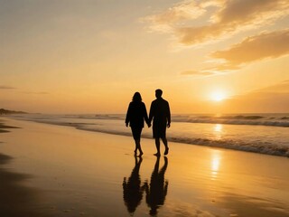 Romantic Couple Holding Hands Walking on the Beach at Sunset