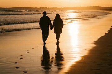 Romantic Couple Holding Hands Walking on the Beach at Sunset