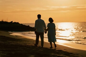 Romantic Couple Holding Hands Walking on the Beach at Sunset