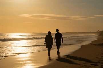 Romantic Couple Holding Hands Walking on the Beach at Sunset