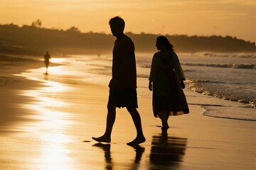 Romantic Couple Holding Hands Walking on the Beach at Sunset