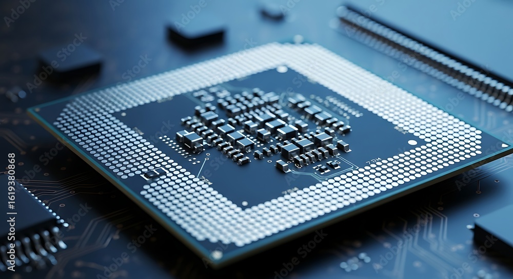 Poster photo of a closeup shot of a modern computer cpu processor chip