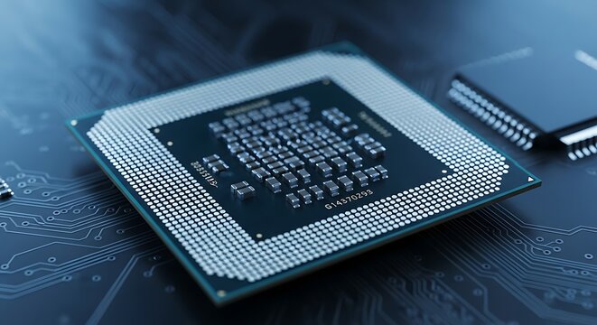 Photo of a detailed view of a modern computer cpu processor chip