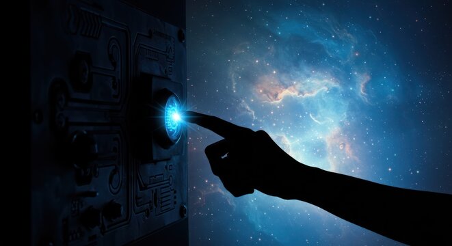 Silhouette Hand Touching Glowing Button in Space - Powered by Adobe