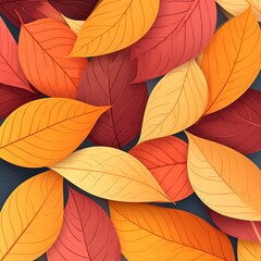 Overlapping autumn leaves in warm hues on a dark background