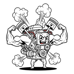 Fototapeta premium Muscular cartoon engine flexing its biceps with pistons and smoke clouds motor mechanical power strong