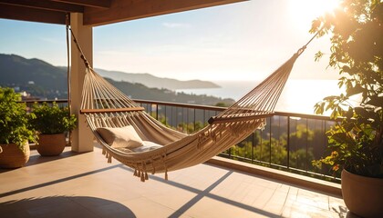 Serene sunrise view from a balcony hammock