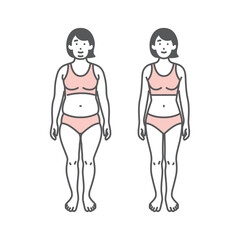 シンプル　イラスト　肥満の女性と健康体重の女性のイメージセット