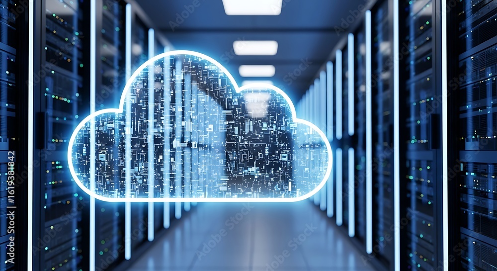 Poster photo of cloud computing symbol in a server room with data center racks
