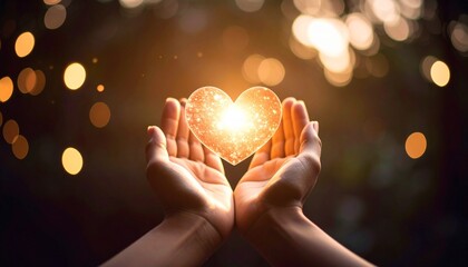Two hands gently hold a glowing, heart-shaped light against a blurred background of sparkling bokeh lights.