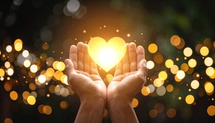 Two hands cupped together holding a glowing heart shape, surrounded by bokeh lights, symbolizing love, hope, or giving.