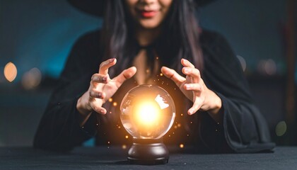 A woman in a witch's hat gazes into a glowing crystal ball, with her hands hovering above it, creating a mystical and magical atmosphere.