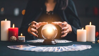 A fortune teller with hands hovering over a glowing crystal ball surrounded by tarot cards and lit candles.