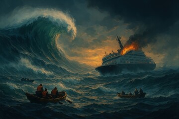 Shipwreck Amid Rogue Wave in Stormy Sea 