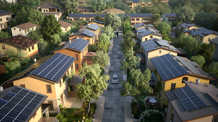 Aerial view of a suburban neighborhood with solar panels on roofs and a car on the street ahead .