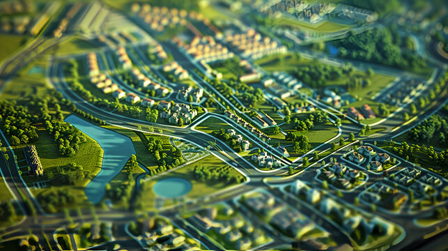 Aerial view of a planned community with roads houses trees and a river in a green landscape area .