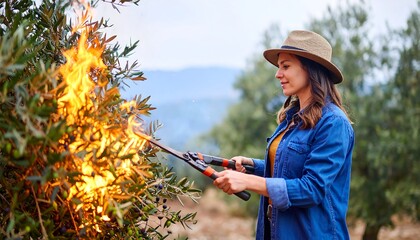 Woman Pruning Olive Tree Branches by Burning, Traditional Agriculture Method