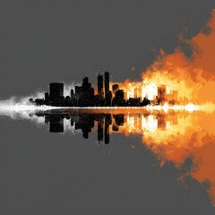 Fototapeta premium Burning city skyline reflection, fiery destruction, disaster