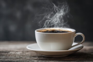 Steam rising from a white coffee cup on a rustic wooden table