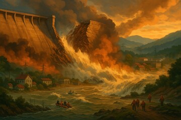 Catastrophic Dam Failure Flooding Valley Town 