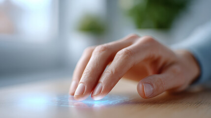 Close up human hand finger touch future technology interface. Innovative ai concept for modern futuristic healthcare